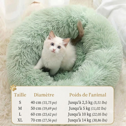 Tableau des tailles du coussin donut — diamètre et poids de l'animal (S à XL)